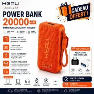 Hepu Power Bank 20 000 mAh – 22,5W PD avec Câbles Intégrés + Adaptateurs Offerts