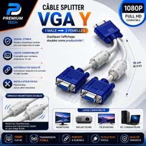 Câble Splitter VGA Y – Duplicateur d'Affichage 1 Mâle vers 2 Femelles – Full HD 1080p pour PC et Écrans