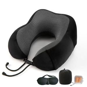 Oreiller de voyage en mousse mémoire en forme de U, portable fourni avec sac de rangement, cache-oreilles et masque de sommeil