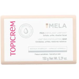 TOPICREM  Mela, Pain Exfoliant Unifiant - Unifie le Teint, Exfolie, Réveille l’Éclat - Huile d’Olive, de Coprah et Noyaux d’Abricot - Soin Visage et Corps pour Peaux Sensibles - 150 g