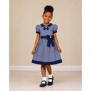 Robe D'école Inaya - Robe Carreaux Vichy Bleu Col Claudine Pour Petite Fille Tenue Scolaire