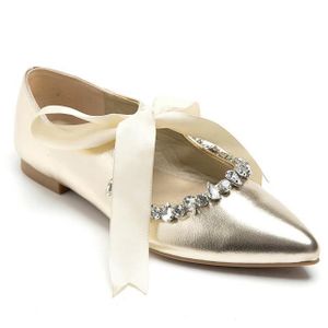 Ballerines Plates Pointues Dorées avec Strass Brillants et Ruban en Satin