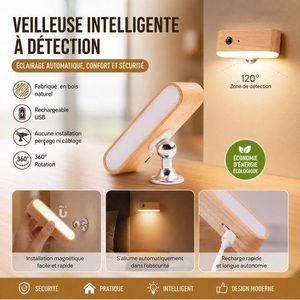 Article Veilleuse LED Intelligente Rechargeable avec Détecteur de Mouvement 120° et Support Magnétique Rotatif 360° – Effet Bois