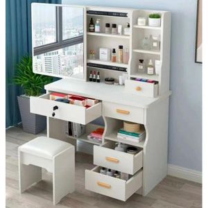 Coiffeuse Moderne Multifonctionnelle Blanche – Miroir LED Coulissant, 4 Tiroirs + Tiroir Sécurisé à Clé, Étagères de Rangement & Tabouret Inclus