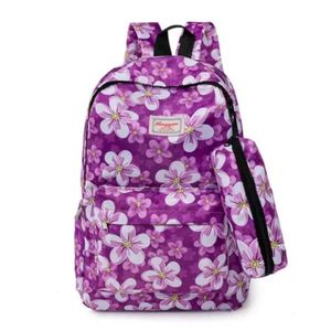 Sac à dos scolaire fleuri avec trousse assortie – Violet