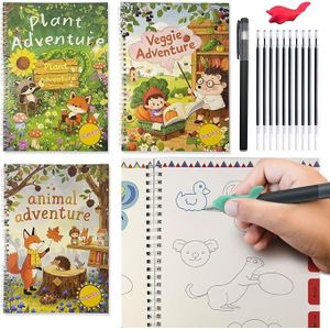Ensemble De 3 Cahiers D'exercices Magiques Réutilisables, Grand Cahier à Dessin Rainuré Pour Enfants - Avec Stylo - Dès 3 Ans