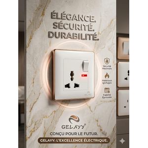 Prise Murale Universelle GELAYY – Bordure Dorée – Avec Interrupteur Intégré et Indicateur LED – 13A 250V