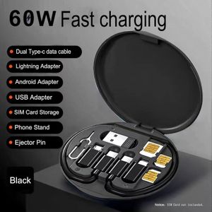 Kit de Câbles et Adaptateurs Multifonction 7-en-1 - Boîtier de Charge Rapide 60W, Transfert de Données, Rangement Cartes SIM et Support Téléphone - Ultra Compact, Noir