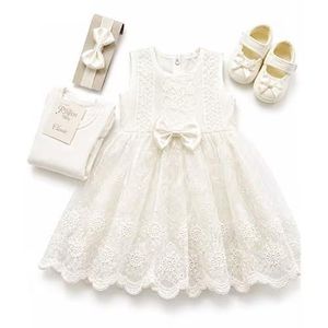 Coffret baptême fillette – en Blanc avec noeuds (Robe, barboteuse, chaussures & barrette) - Blanc