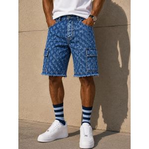 Bermuda Cargo en Denim Bleu – Imprimé Étoiles / Monogramme & Finition Effilochée