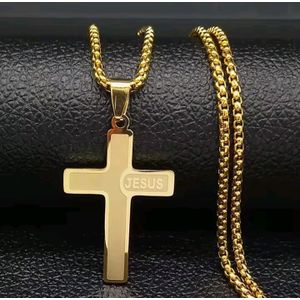 3D Fashion Longue Chaîne homme Hip Hop 60cm En Acier Inoxydable couleur Doré pendentif croix de Jésus idéal cadeau pour Noël saint valentin, mariage, anniversaire, baptême