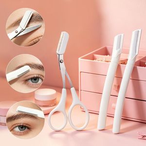 Kit de rasoir à sourcils et ciseaux de coupe - 2 rasoirs pour le visage avec ciseaux-peigne, kit de modelage des sourcils portable pour femmes et hommes, outil d'épilation et d'entretien du visage, blanc