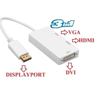 Adaptateur Convertisseur DisplayPort (DP) vers HDMI / VGA / DVI - Hub Vidéo Multi-Ports 3-en-1 Pour PC, Écran et Projecteur - Blanc