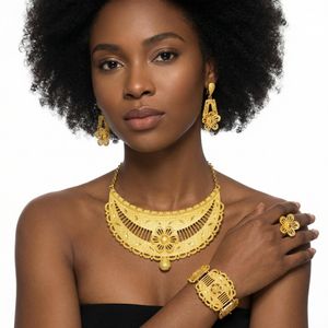 Ensemble de Bijoux Plaqué Or pour Femmes, Collier de Mariée Africain, Boucles d'Oreilles, Bague, Bracelet - Or