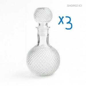 Lot de 3 carafes en verre, decanteur whisky ciselé, bouteille de service vintage cristal, carafe a eau bouchon rond losanges, flacon liqueur retro bar, verrerie deco table mariage, carafe globe spiritueux  ,  