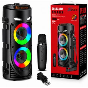 SinG-e Enceinte Bluetooth Portable ZQS4239W avec 2 Haut-Parleurs 4", Éclairage LED Multicolore, Microphone Sans Fil et Bandoulière