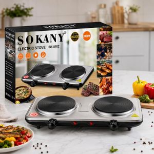 Sokany SOKANY– SK-5102 Plaque Électrique Double 2000W avec Thermostats Réglables, Réchaud Portable en Acier Inoxydable à Deux Foyers pour Cuisine, Camping et Appartement
