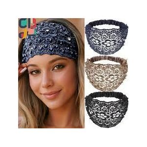 Bandeau Dentelle Femme avec Perles et Strass - Accessoire Cheveux Élégant - Bandeau Crochet Noir Chic