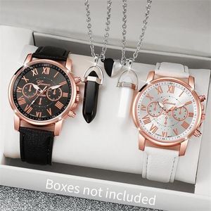 4PCS Couple Watch, Casual Bracelet en cuir pour hommes et femmes, Montre Quartz, Collier Ornementation Cristal Imitation - Le meilleur témoin de la route de l'amour