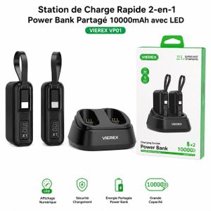 Article VIEREX VP01 - Station De Charge Rapide 2-en-1 Avec 2 Power Banks 10000mAh, Affichage LED, Charge Rapide 22,5W - Noir
