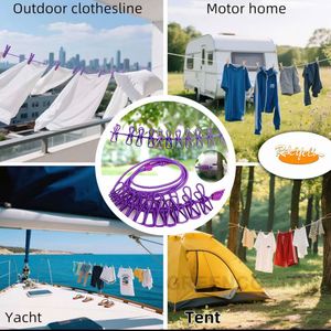 Corde à Linge Couvre Vent Extensible, Rétractable, Antidérapant, Portable Pour Extérieur ou Intérieur Pour Balcon, Hôtel, Dortoir...Avec 12 Pinces Robuste - Violet