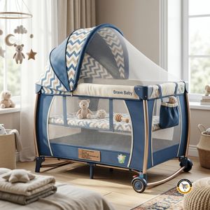 Lit Parapluie Complexe 2 Niveaux Brave Baby Playpen – Lit Bébé Pliable & Parc de Jeu avec Moustiquaire Canopy, Bascule, Musique, Vibration & Sac à Jouets