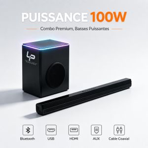 LP Barre de son 100 W avec caisson de basses, radio et éclairage Aura – 2.1 CH - Système d'enceintes Bluetooth pour la maison compatible AUX, COAX, HDMI et USB – XY3S, noir