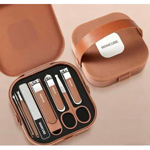 Ensemble de manucure portable de 8 pièces, outils de soin des ongles durables organisés dans un étui de rangement à main pour utilisation à domicile et en voyage-brune.