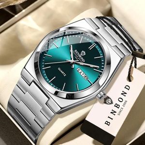BINBOND B102 Luxury High-Quality Fashion Men'S Watchs Stanless Steel Belt Quartz Watch Waterproof Luminous Week Date Casual -Green