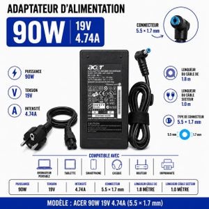 Acer Chargeurr 90W, 19V 4.74A, Pour Pc connecteur Dc 5.5 × 1.7 mm