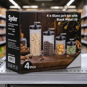 Ensemble de 4 Bocaux de Rangement en Verre avec Couvercles Métalliques Noirs – Contenants de Conservation pour Cuisine, Café, Pâtes, Céréales, Bonbons et Aliments Secs – 2100 ml, 1700 ml, 1200 ml et 800 ml