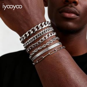 iyooyoo Ensemble de 6 Bracelets pour Hommes en Acier Inoxydable, Bracelets Empilables pour Hommes, Ensemble Cadeau de Poignets à Couches Tendances, 21cm