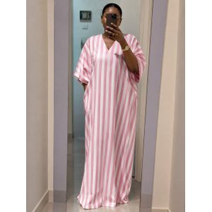 Boubou Caftan à Rayures Rose et Blanches