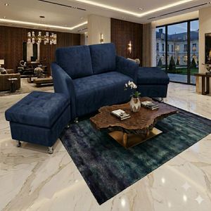 SIMO Canapé Modulable ÉLÉGANCE 2 Places en Velours Premium Bleu marine + 2 Poufs Assortis