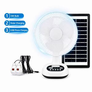 Ventilateur Solaire Rechargeable 12 Pouces – Kit Ventilateur Portable avec Panneau Solaire & 2 Ampoules LED, Recharge USB, Refroidissement & Éclairage