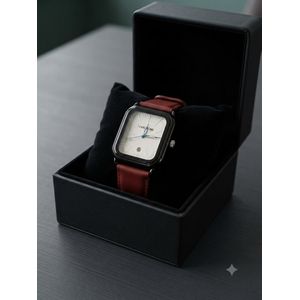 Montre Élégante pour Homme / Femme - Boîtier Rectangulaire - Cadran Blanc - Bracelet en Cuir Rouge/Marron avec Écrin