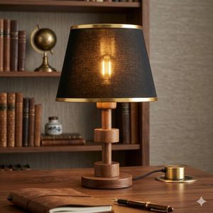 Lampe de Bureau Design en Bois - Abat-jour Noir Chic avec Liseré Doré - Éclairage Chaud pour Salon et Chambre + Ampoule