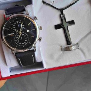 3D Fashion Box cadeau homme composé de chaîne noir et Montre fond noir 60cm En Acier Inoxydable  pendentif  croix de jesus, crucifix, bijoux religieux idéal cadeau pour saint  valentin , anniversaire, mariage 