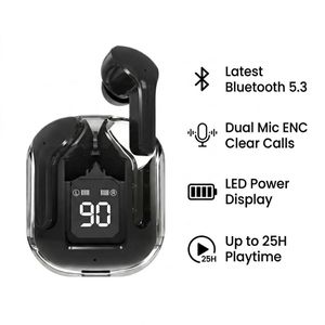 Pride Wolf Écouteurs Sans Fil Transparents - Bluetooth 5.3, Réduction de Bruit ENC, Écran LED - noir