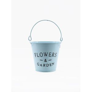 pot de fleurs en métal bleu clair de style rustique, orné de l'inscription « Flowers & Garden 
