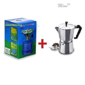 Pack Duo Café & Camping - Réchaud à Gaz Portable Haute Sécurité + Cafetière Italienne en Aluminium - Idéal pour Voyage, Camping, Chantier et Bureau - Kit Express Petit-Déjeuner