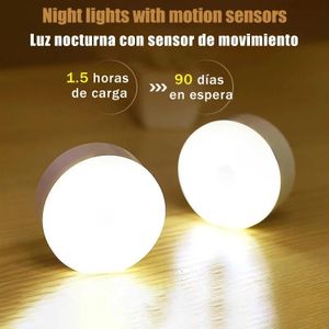 USB rechargeable LED lumière de nuit avec commutateur, capteur de mouvement magnétique lampe sans fil, blanc chaud sans clignotement pour placard armoire lit