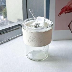 Gobelet en verre avec paille et manchon en similicuir (Tumbler verre réutilisable)