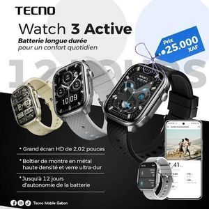 Tecno Montre connectée Watch 3 Active  écran HD de 2,02 pouces 12 jours d'utilisation normale