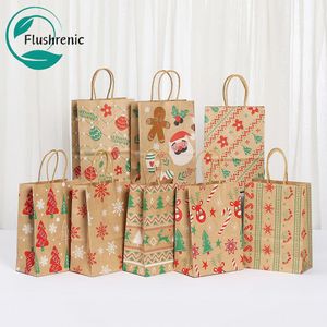 Flushrenic 16 morceaux de sacs-cadeaux en papier kraft de Noël, sacs en papier de Noël avec poignées, motifs de Noël mignons, petits articles cadeaux pour la décoration de fête