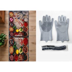 Ensemble de Cuisine Pratique : Lot de 2 Tapis (40x60cm + 40x120cm) + Gants de Lavage en Silicone + Brosse de Nettoyage