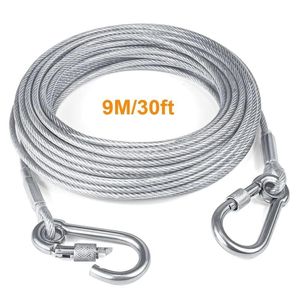 Câble en acier inoxydable revêtu de caoutchouc/laisse pour animaux/tende à linge/corde pour tente extérieure, résistant aux morsures et durable (9 mètres)