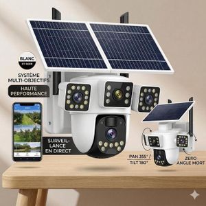 Caméra énergie Solaire 2-Panneaux Rotatif 360 90 120 Full-HD 4K 4MP-8MP WiFi-4G Carte Sim Alarme batterie intégrée alimentation en continue installation par application disponible sur catalogue tout les option en description