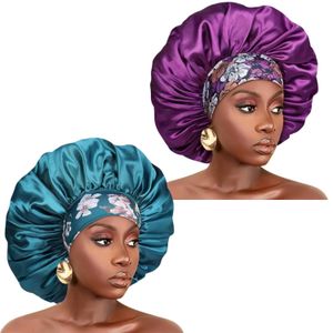 ShebSheb - ShebSheb Lot de 2 bonnets de nuit en satin de soie pour femmes, format extra‑large avec bande élastique florale douce, bonnet de sommeil confortable pour cheveux bouclés, tressés ou naturels