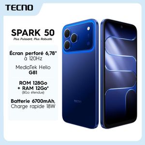 Tecno Spark 50 - 6,78" - 128Go ROM + 4Go RAM ( 8Go étendue) -Batterie 6700mAh - 50mp FlashSnap - Bleu